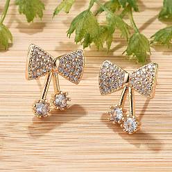 Bowknot Женские серьги-гвоздики из латуни с микропаве и прозрачным кубическим цирконием, без кадмия и без свинца, долговечный, стойки покрытие, золотые, бантом, 15.5x13.5 мм