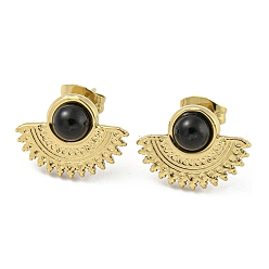 Black Agate Ion Plating(IP) Real 18K Gold Plated 304 Stainless Steel Fan Stud Earrings, with Natural Dyed & Heated Black Agate, 11.5x15.5mm