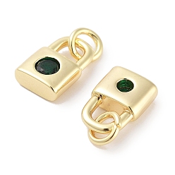 Green Brass Micro Pave Cubic Zirconia Charms, with Jump Ring, Lock, Real 18K Gold Plated, Green, 9x5.5x2.5mm, Hole: 1.6mm