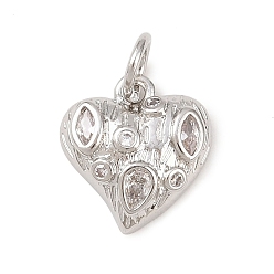 Платина Латунные микропаве прозрачные подвески с фианитом, сердце прелести, долговечный, без кадмия и без свинца, стойки покрытие, с целью перехода в кольце, платина, 11.5x11x3 мм, отверстие : 3.4 мм