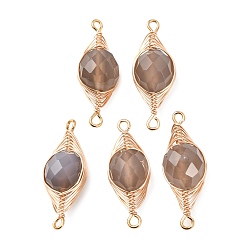 Серый агат Натуральный серый агат, ограненные плоские круглые звенья-подвески с медной проволочной обмоткой в виде елочки., золотые, долговечный, 26.5~27.5x10x9~9.5 мм, отверстие : 1.4 мм