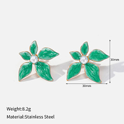 Verdemar Medio 304 aretes esmaltados de acero inoxidable para mujer, flor, con perlas de imitación, dorado, verde mar medio, 30x30 mm