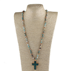 Flower Amazonite Крест в стиле бохо с подвеской из натурального цветка амазонита ожерелья из стеклянных бусин, 33.86~34.65 дюйм (86~88 см)