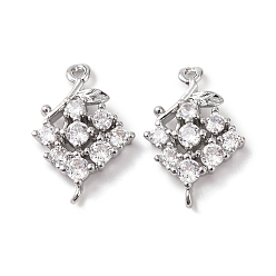 Платинированный Шармы-соединители из латуни с микропаве из прозрачного кубического циркония, цветок, Реальная платина, 20x13x4 мм, отверстия: 1.4 мм и 1.2 мм.