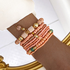 Легкий Лосось 8шт 8 стили набор браслетов из стеклянных бусинок, составной браслет для женщин, со сплавом, светлый померанцевый, 2-3/8 дюйм (6 см)