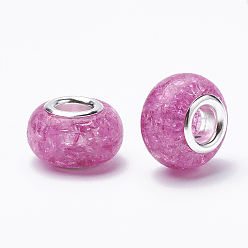 Violet Crackle Resin European Beads, Large Hole Beads, with Silver Color Plated Brass Cores, Rondelle, Violet, 13.5~14x8.5~9mm, Hole: 5mm