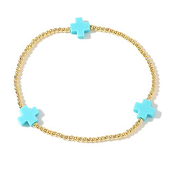 Голубой Браслеты из латуни с бусинами и эластичной лентой, тонкие золотые цепочки, модные ювелирные аксессуары для женщин, розовое золото , голубой, 6.89 дюйм (17.5 см)
