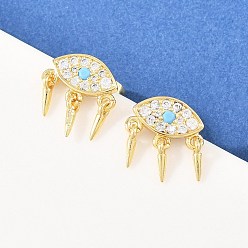 Настоящее золото 18K Серьги-гвоздики с подвесками из латуни с микропаве из кубических цирконий и глазом-конусом, долговечный, реальный 18 k позолоченный, 13x12 мм