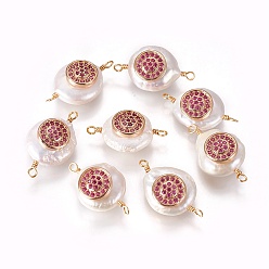 Камелия Соединители звеньев натурального жемчуга, с кубического циркония и латуни выводов, плоско-круглые, золотые, камелия, 22~25x13~15x7~10 мм, отверстие : 1.6 мм