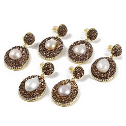 Золотой Серьги-гвоздики в виде капель из натурального жемчуга, с латунной фурнитурой со стразами, золотые, 44.5x23 мм