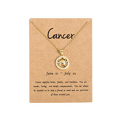 Рак Латунные микропаве прозрачные кубические цирконии плоские круглые подвески в виде созвездий, ожерелья из нержавеющей стали, золотые, рак, 19.69 дюйм (50 см)