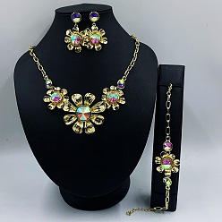 Хрусталь AB Ожерелье из цветочного сплава со стразами, серьги-гвоздики и браслеты-звенья, золотые, хрусталь AB, 450 мм