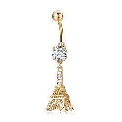 Clear Piercing Jewelry, Brass Cubic Zirciona Navel Ring, Belly Rings, with 304 Stainless Steel Bar, Lead Free & Cadmium Free, Eiffel Tower, Clear, 44mm, Pendant: 22x10mm, Bar: 14 Gauge(1.6mm), Bar Length: 3/8"(10mm)