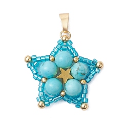Синтетическая Бирюза Подвески-звезды из синтетической бирюзы, со стеклянными бисеринами, золотые, 28x27x6.5 мм, отверстие : 6x2 мм