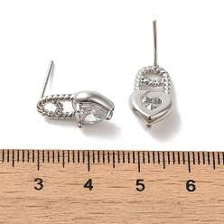 Platinum Heart Brass Micro Pave Cubic Zirconia Stud Earrings, with 925 Sterling Silver Pins, Platinum, 15.5x9mm