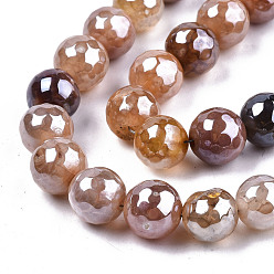 Moccasin Electroplate Natural Agate Beads Strands, Dyed, Faceted, Pearl Luster Plated, Round, Moccasin, 8.5x7~8mm, Hole: 1.2mm, about 47~48pcs/strand, 13.78 inch~13.98 inch(35cm~35.5cm)