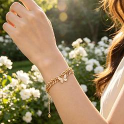 Butterfly Iron Zinc Alloy Charm Multi-Strand Bracelets for Women, Golden, Butterfly, 7.28 inch(18.5cm)
