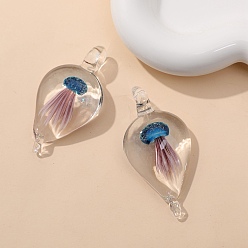 Royal Blue Handmade Lampwork Pendants, Teardrop with Jellyfish, Royal Blue, 59x32mm