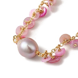 Real 14K Gold Plated Shell Pearl Disc Charm Bracelet, with Brass Chains, Real 14K Gold Plated, 6-3/4 inch(17.1cm)