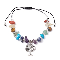 Смешанные камни Браслеты из плетеных бусин из натуральных и синтетических драгоценных камней чакра, Регулируемые браслеты с подвесками из сплава «Древо жизни» для женщин, внутренний диаметр: 1-3/8~3-3/8 дюйм (3.5~8.5 см)