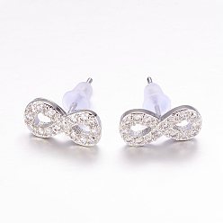 Platinum Brass Micro Pave Cubic Zirconia Stud Crawler Earrings, Climber Earrings,  Infinity, Platinum, 6x13x2mm, pin: 0.6mm
