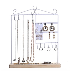 White Iron Jewelry Organizer Display Rack, with Wooden Tray, for Necklaces Earrings Rings Display, White, 27.6x9.5x34.5cm