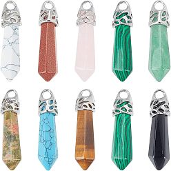 Mixed Stone Bullet Natural & Synthetic Gemstone Pendants, with Platinum Tone Brass Findings, Mixed Dyed and Undyed, 33~40x8~10mm, Hole: 3x2mm, 10materials, 1pc/material, 10pcs/box