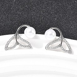 Платина Серьги-гвоздики «рыбий хвост» с микропаве из прозрачных кубических цирконий из латуни, с абс пластмассовыми жемчужными бисером, стойки покрытие, долговечный, без кадмия и без свинца, платина, 23.5x17 мм