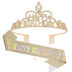 Светло-хаки Сплав с короной из стразов гребень для волос, с плечевым ремнем, принадлежности для дня рождения, светлый хаки, 68x132 мм