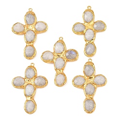 Rainbow Moonstone Большие ограненные подвески из натурального радужного лунного камня, с латунной фурнитурой , крест прелести, золотые, 50.5~55x33.5~38.5x7~8 мм, отверстие : 1.8 мм