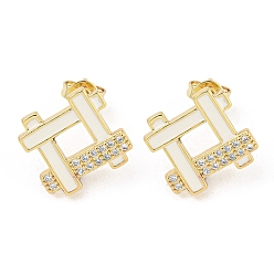 White Hollow Rhombus Golden Brass Stud Earrings, with Enamel and Cubic Zirconia, White, 16x15.5mm
