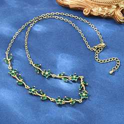 Green Brass Pave Cubic Zirconia Flower Link Chain Necklaces, Cadmium Free & Lead Free, Rack Plating, Long-Lasting Plated, Real 18K Gold Plated, Green, 17.28 inch(43.9cm)