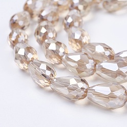 Linen Electroplate Glass Beads Strands, AB Color Plated, Faceted Teardrop, Linen, 15x10mm, Hole: 1mm, 50pcs/strand, 27.1 inch