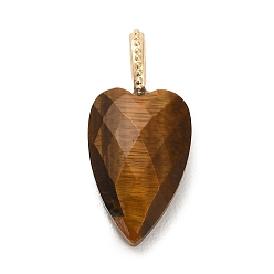 Tiger Eye Natural Tiger Eye Pendants, Faceted Heart Charms with Brass Findings, Golden, 27x12x7mm, Hole: 6.5x4mm