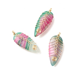 Brazilian Agate Natural Brazilian Agate Pendants, with Golden Tone Eco-Friendly Copper Wire Wrapped, Dyed & Heated, Teardrop, Orchid, 43~44x17.5x10.5mm, Hole: 3~3.5mm