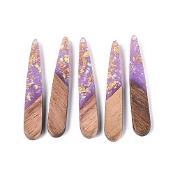 Средний Фиолетовый Подвески из непрозрачной смолы и орехового дерева, слезинки, с блестящей пудрой и золотой фольгой, средне фиолетовый, 44x7.5x3~3.5 мм, отверстие : 1.6 мм