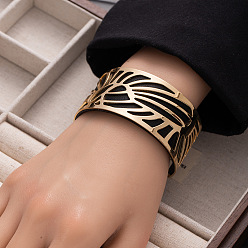 Черный Солнце 304 браслеты-манжеты из нержавеющей стали и искусственной кожи, широкие браслеты для женщин, золотые, чёрные, внутренний диаметр: 2-3/8 дюйм (6 см)