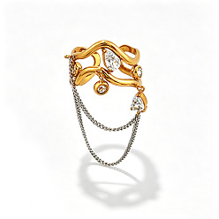 Golden 304 Stainless Steel Pave Cubic Zirconia Cuff Open Rings, Wave & Teardrop, Golden, 18mm