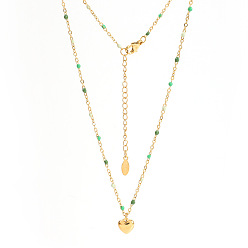 Light Green Stainless Steel Heart Pendant Necklaces, Enamel Style, Light Green, 18.90 inch(48cm)