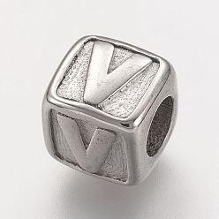 Letter V Устойчивые к потускнению 304 европейские бусины из нержавеющей стали, горизонтальное отверстие, бусины с большим отверстием, куб с letter.v, 8x8x8 мм, отверстие : 4 мм