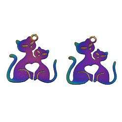 Rainbow Color Ion Plating(IP) 304 Stainless Steel Filigree Pendants, Etched Metal Embellishments, Cat, Rainbow Color, 18.5x17.5x0.2mm, Hole: 1.5mm