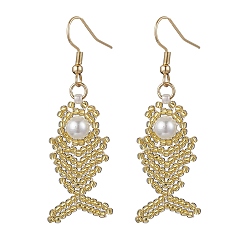 Светло-хаки Серьги-подвески из стеклянных бусин в форме рыбьей кости, с круглыми раковинами, имитирующими жемчужины и 304 крючками для сережек из нержавеющей стали, золотые, светлый хаки, 57x16 мм