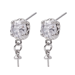 Platinum Brass Micro Pave Cubic Zirconia Studs Earrings Fiinding, Square, Platinum, 17.5x7.5mm, Pin: 11x0.8mm