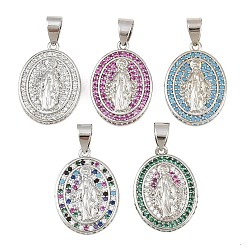 Color mezclado Micro latón allanan colgantes cúbicos del zirconia, óvalo con dijes de virgen maría, sin plomo y cadmio, chapado en rack, larga duración plateado, Platino, color mezclado, 21.5x16x4 mm, agujero: 4x6 mm