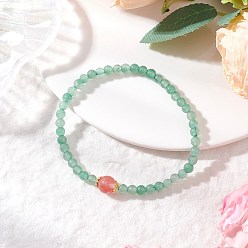 Зеленый Авантюрин Круглые эластичные браслеты из натурального зеленого авантюрина и вишневого кварцевого стекла для женщин, внутренний диаметр: 2-1/4 дюйм (5.8 см)