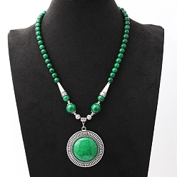 Зеленый Винтажный сплав с окрашенной синтетической бирюзой, богемный плоский круглый кулон, круглые бусины, ожерелья для женщин, античное серебро, зелёные, 19.69 дюйм (50 см)