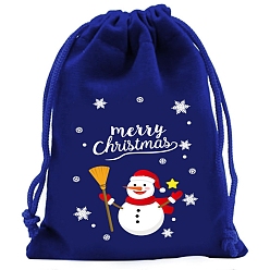 Снеговик Рождественские бархатные мешочки для упаковки ювелирных изделий с принтом, шнурок сумки, с нейлоновым шнуром, темно-синий, снеговик, 18x13 см