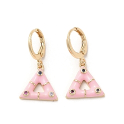Pink Triangle Golden Brass Dangle Leverback Earrings, with Enamel and Cubic Zirconia, Pink, 27x13.5mm