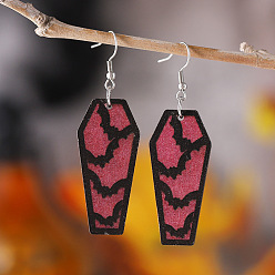 Bat Деревянные серьги на Хэллоуин, с серьгами из нержавеющей стали и крючком, розовые, летучая мышь, 65x20 мм