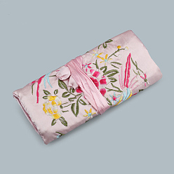 Лавандовый румянец Прямоугольные шелковые пакеты на молнии в стиле ретро, сумки для хранения ювелирных изделий с вышивкой и цветами с веревкой на шнурке, лавандовый румянец, 20x9 см, открытый: 27x20 см